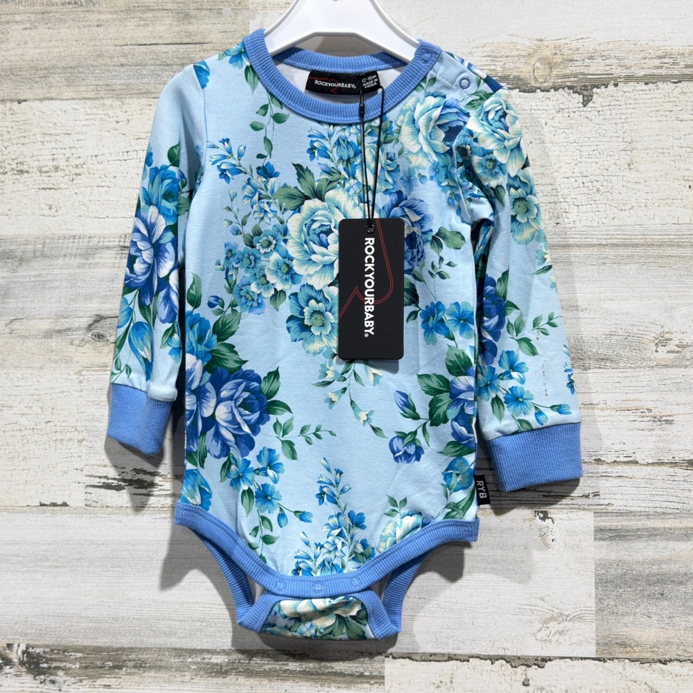 Rock Your Baby Bodysuit Girls 12-18M Blue Floral Long Sleeve Cottagecore NWT